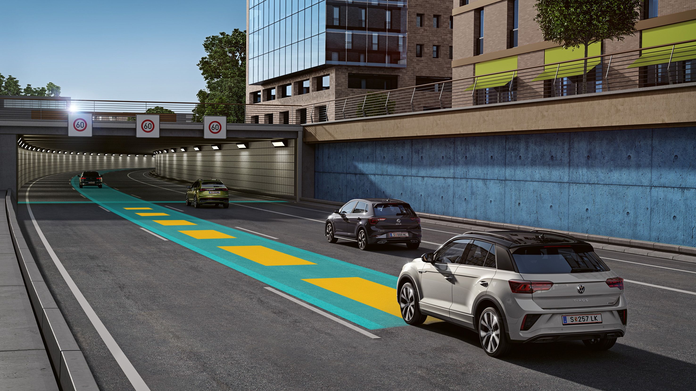 Grafik zeigt, wie der Travel Assist im T-Roc funktioniert