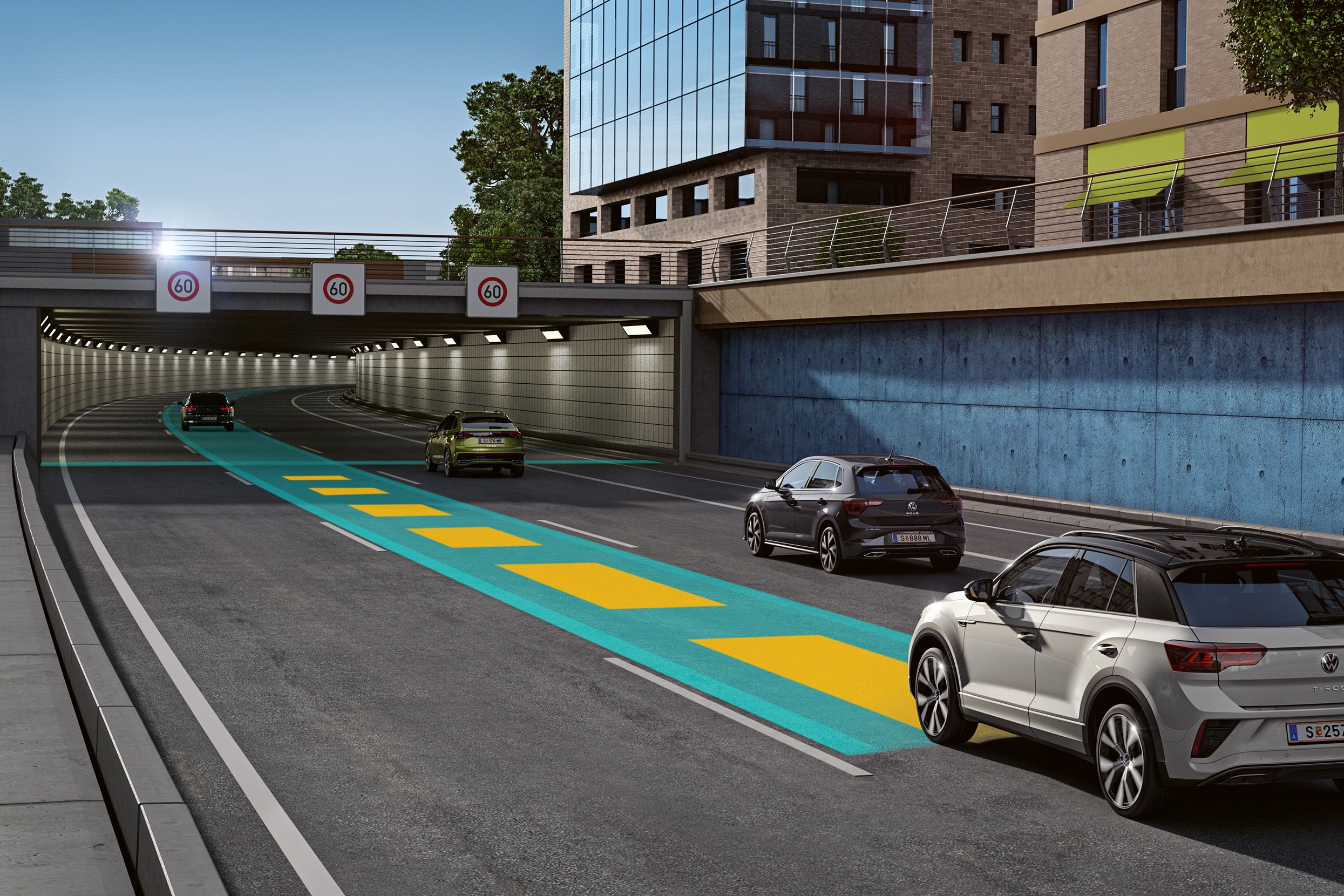 Grafik zeigt, wie der Travel Assist im T-Roc funktioniert