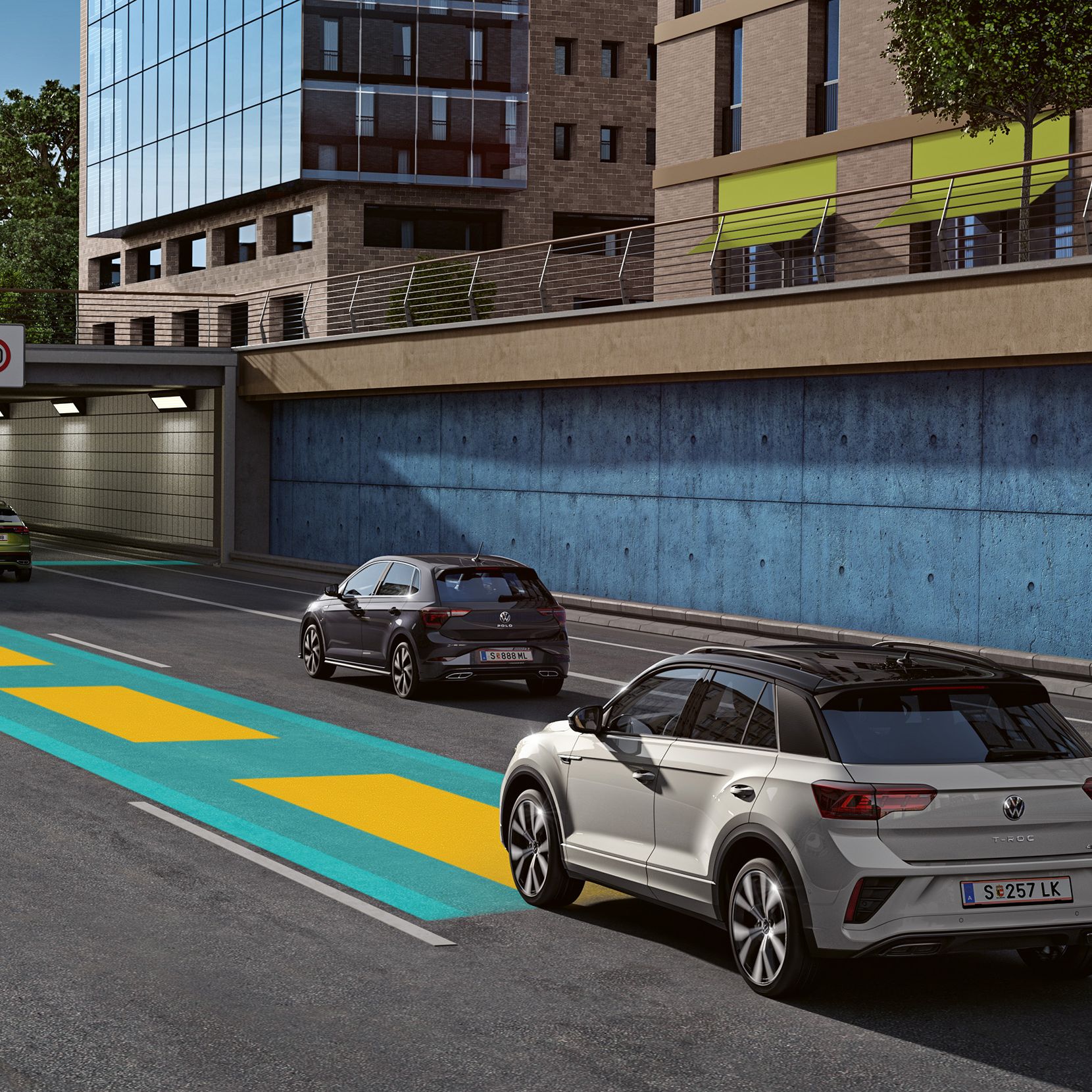 Grafik zeigt, wie der Travel Assist im T-Roc funktioniert