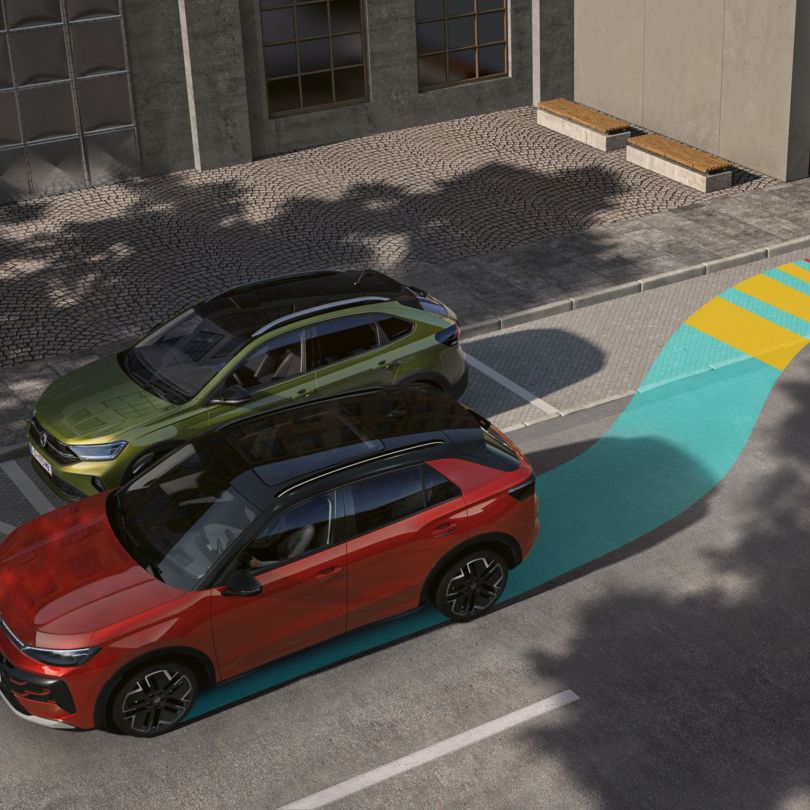 Grafik zeigt einen VW T-Roc der mit Park Assist Plus rückwärts in eine seitliche Parklücke einparkt.