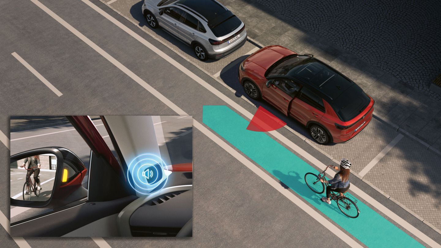 Illustration zeigt schematisch anhand eines VW T-Roc die Funktionsweise der Ausstiegswarnung.