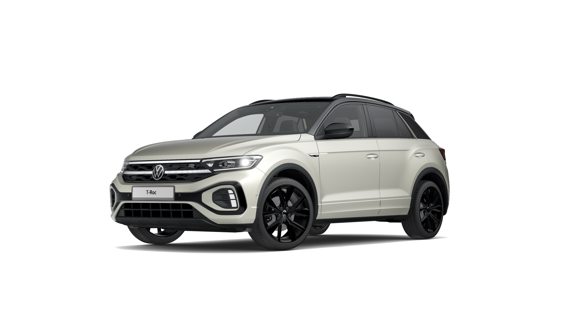 Weißer VW T-Roc in der Ansicht schräg-vorne