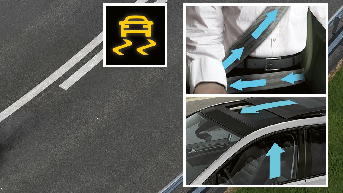 Ilustrim grafik i mbrojtjes së pasagjerit të VW, rripat shtrëngohen dhe dritaret mbyllen