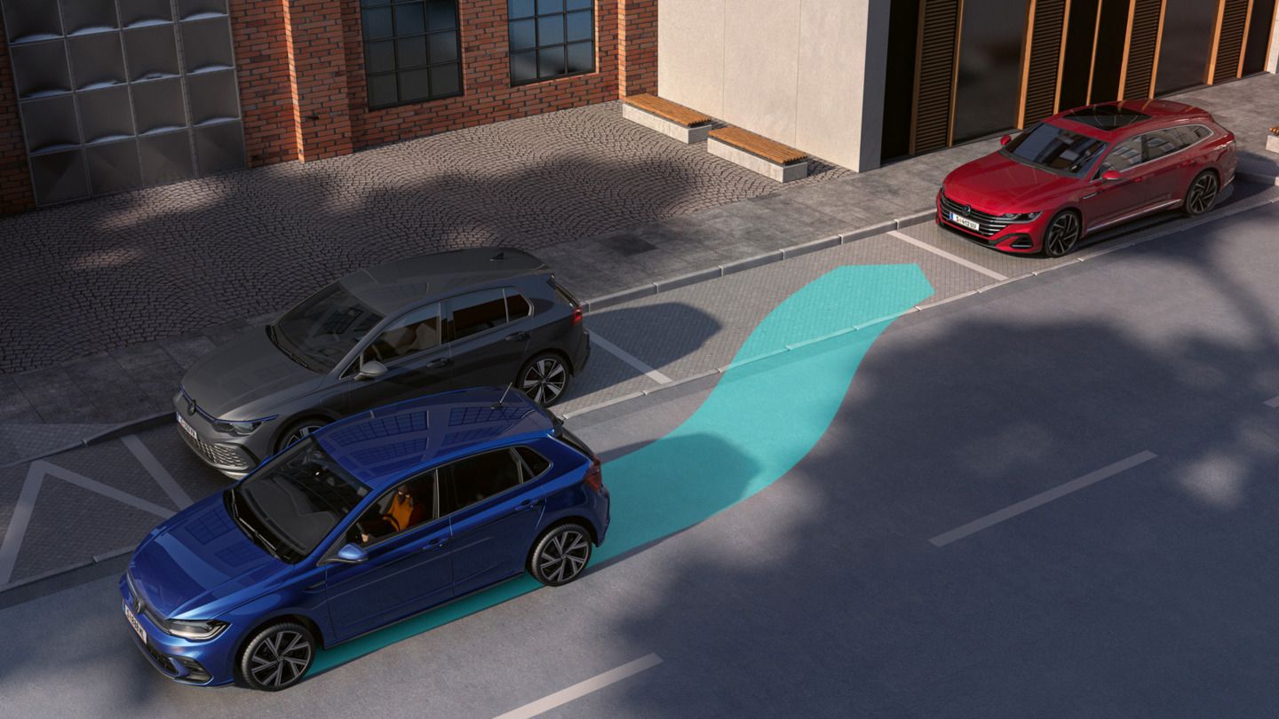 Illustration zeigt schematisch anhand eines VW T-Roc die Funktionsweise des Park Assist.